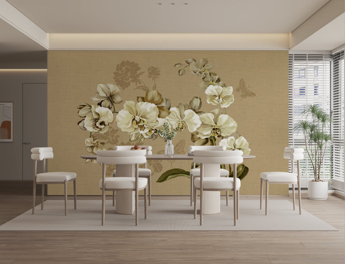 Traditional Floral Wallpaper, Elegant Orchid Design with Butterflies, Peel and Stick Wallpaper, Living Room Decor Ideas, Bedroom Wall Art, Self Adhesive Wallpaper, Modern Farmhouse Decor