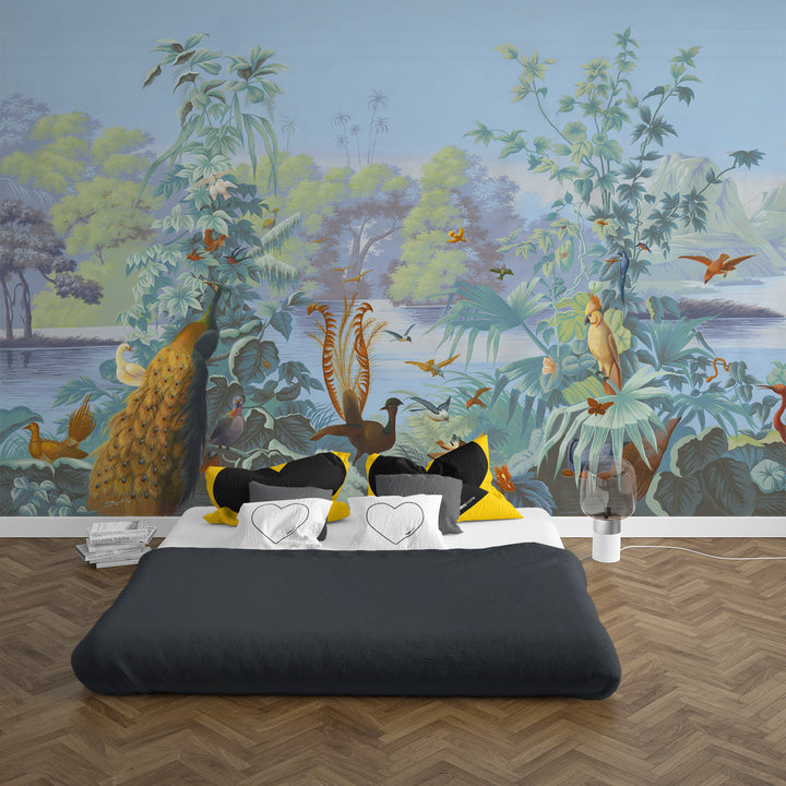 Tropical Birds Wallpaper, Vibrant Jungle Wall Decor, Exotic Bird Peel and Stick Wallpaper, Colorful Nature Wall Art, Fantasy Landscape Wall Mural, Botanical Peel and Stick Wallpaper, Lush Foliage Wall Decor, Prehistoric Ecosystem Wallpaper