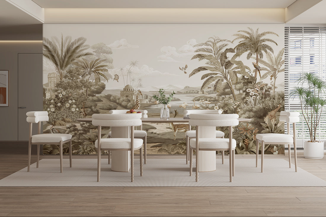 Giraffe Wallpaper, Wild Forest Dark Floral Botanical Jungle Mural, Peel And Stick Mural, Modern Removable Retro Rustic Wallpaper