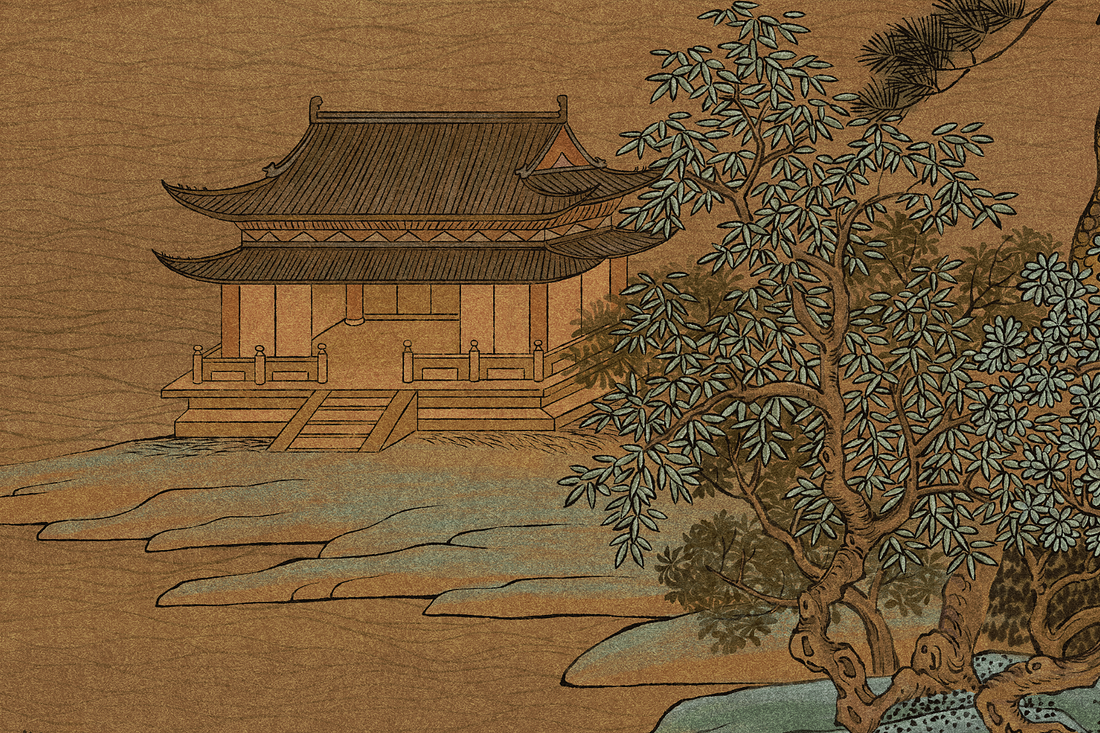 Vintage Chinoiserie Mural, Chinese Art Decor, Dark Wallpaper, Landscape Mural, Vintage Wallpaper, Mountain Wallpaper, Office Decor