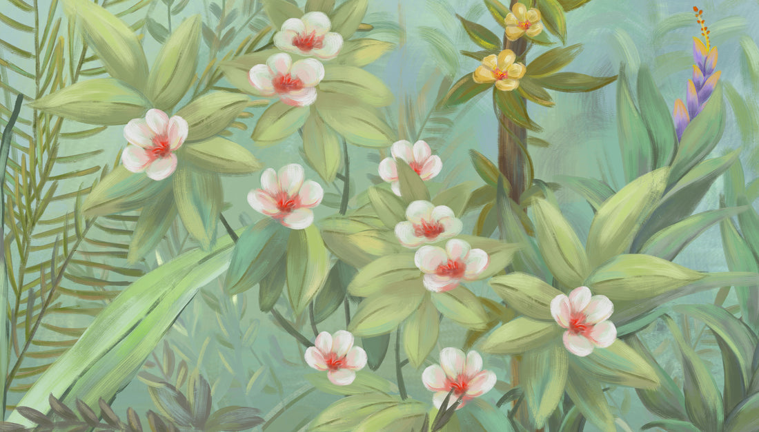 Tropical Rainforest Peel and Stick Wallpaper, Lush Green Botanical Wall Decor, Pastel Sky Jungle Wall Mural, Living Room Decor Ideas, Bedroom Wall Art, Self Adhesive Removable Wallpaper