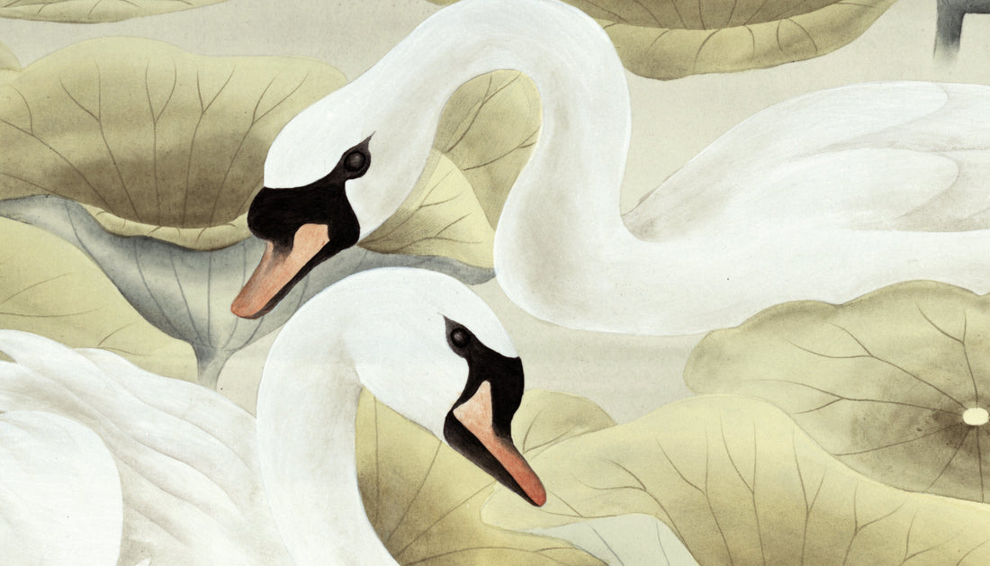 Traditional Lake Scene Wallpaper, Serene Swan & Lotus Design, Chinese Inspired Wall Art, Calming Neutral Tones, Peel and Stick Wallpaper, Living Room Decor Ideas, Bedroom Wall Decor