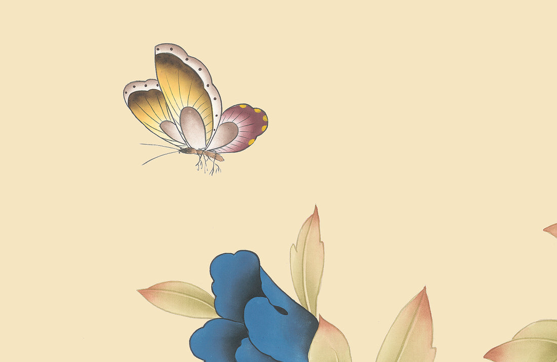 Chinese Floral Wallpaper, Traditional Peony Wall Art, Butterfly Wall Decor, Elegant Scroll Painting Design, Pastel Home Decor, Asian Inspired Wallpaper, Serene Mountain Background, Intricate Floral Patterns