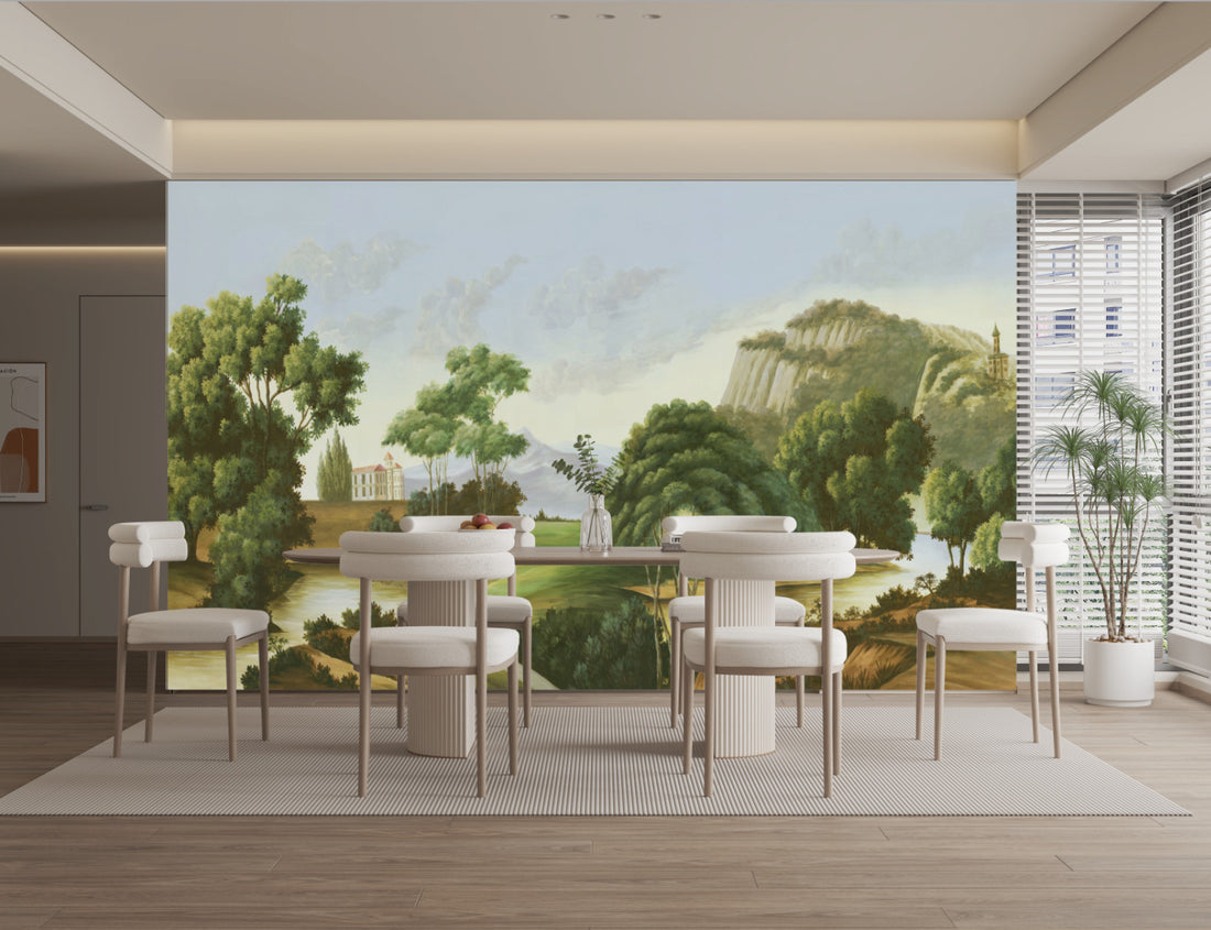 Scenic Nature Wallpaper, Tranquil Landscape Wall Art, Serene Forest Mural, Peaceful River View, Green Botanical Wall Decor, Large Canvas Wall Art, Living Room Wallpaper, Peel and Stick Wallpaper