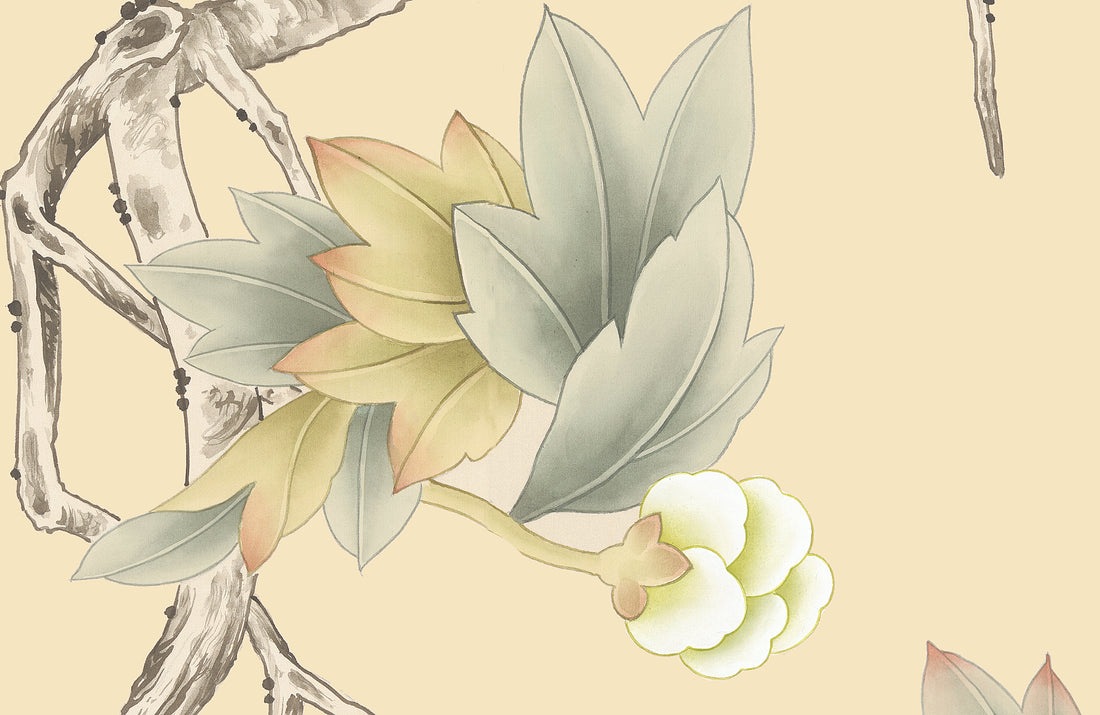 Chinese Floral Wallpaper, Traditional Peony Wall Art, Butterfly Wall Decor, Elegant Scroll Painting Design, Pastel Home Decor, Asian Inspired Wallpaper, Serene Mountain Background, Intricate Floral Patterns