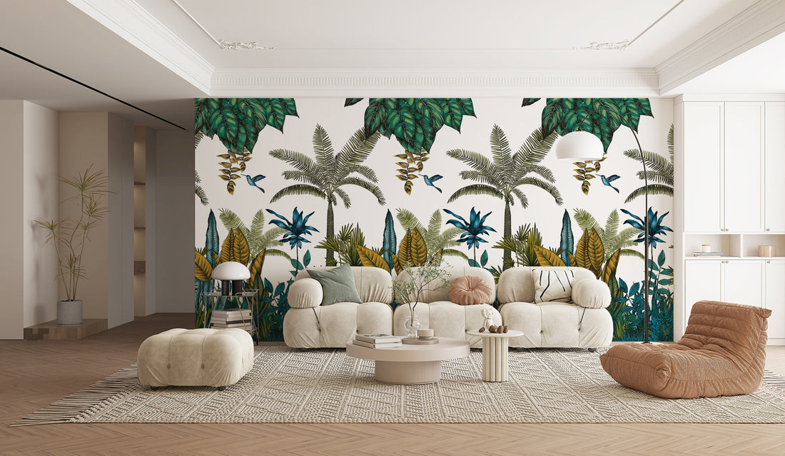 Black And White Wallpaper, Tropical Jungle Peel And Stick Mural, Botanical Decor, Wild Forest Wallpaper, Blue Wall Decor, Trees Wallpaper