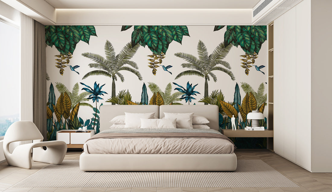 Black And White Wallpaper, Tropical Jungle Peel And Stick Mural, Botanical Decor, Wild Forest Wallpaper, Blue Wall Decor, Trees Wallpaper