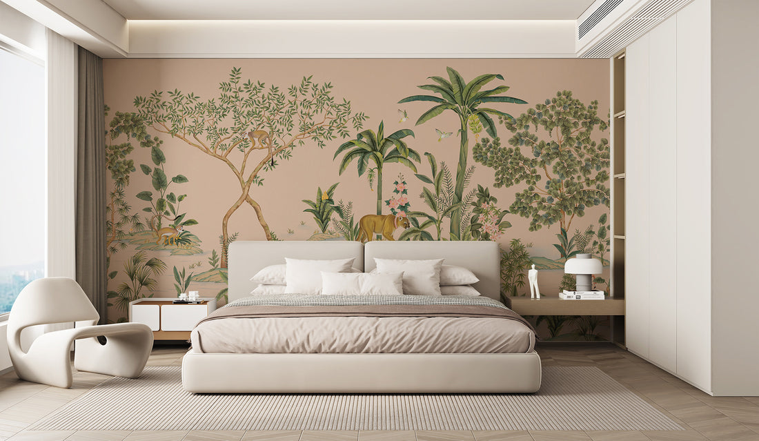 Tropical Jungle Wallpaper, Hand-Painted, Animal-Filled, Forest Wallpaper, Bedroom Wallpaper, Wall Mural Safari, Peel And Stick Wallpaper
