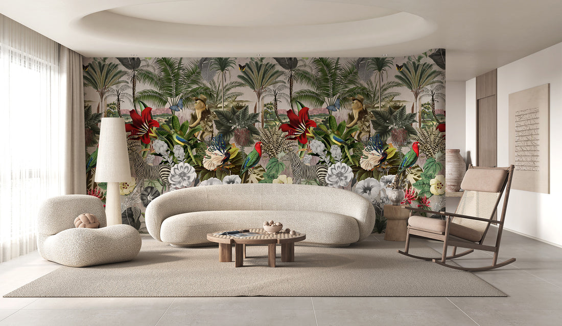 Floral Wall Art, Room Decoration, Animal Wallpaper, Jungle Theme Mural, Green Theme, Forest Wall Mural, Fabric Or Non-Waven, Tree Wallpaper