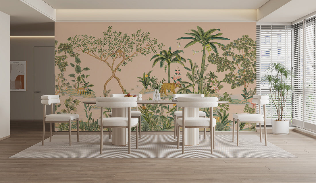 Tropical Jungle Wallpaper, Hand-Painted, Animal-Filled, Forest Wallpaper, Bedroom Wallpaper, Wall Mural Safari, Peel And Stick Wallpaper