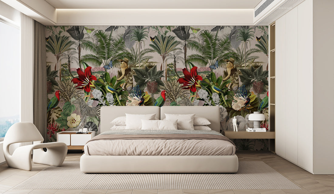Floral Wall Art, Room Decoration, Animal Wallpaper, Jungle Theme Mural, Green Theme, Forest Wall Mural, Fabric Or Non-Waven, Tree Wallpaper