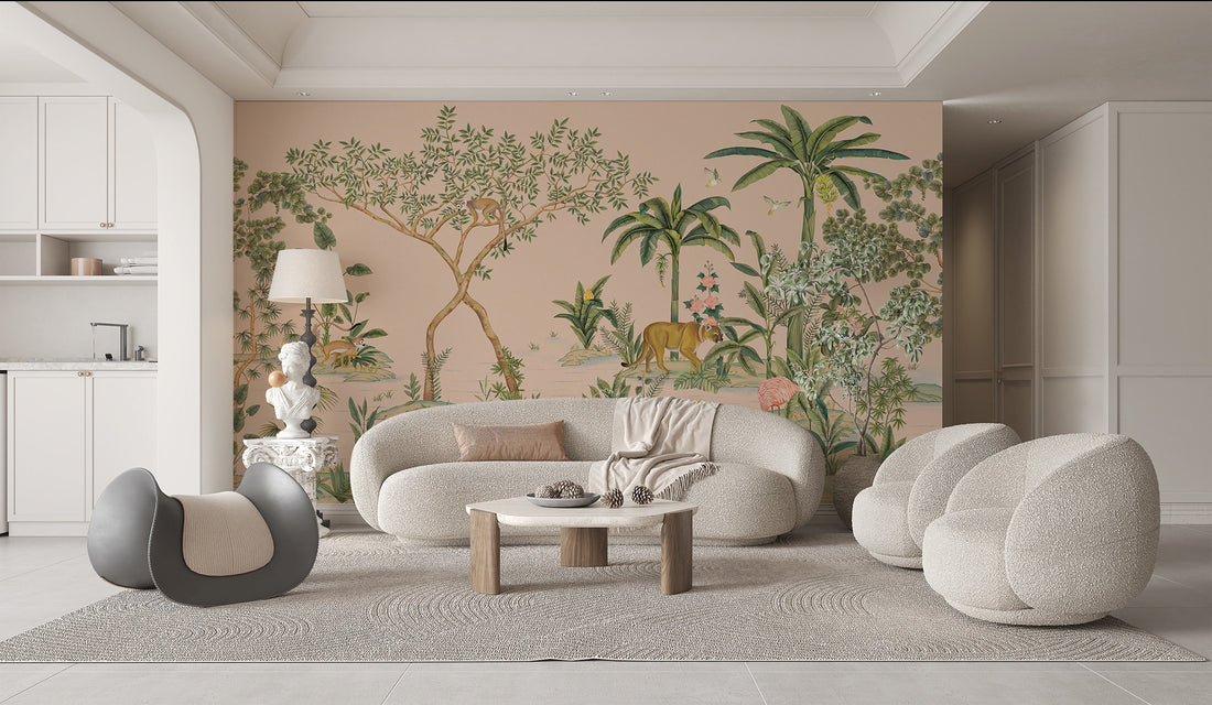 Tropical Jungle Wallpaper, Hand-Painted, Animal-Filled, Forest Wallpaper, Bedroom Wallpaper, Wall Mural Safari, Peel And Stick Wallpaper