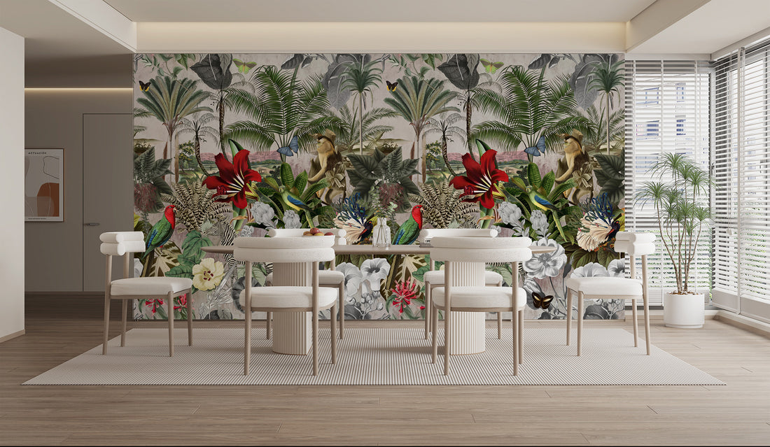 Floral Wall Art, Room Decoration, Animal Wallpaper, Jungle Theme Mural, Green Theme, Forest Wall Mural, Fabric Or Non-Waven, Tree Wallpaper