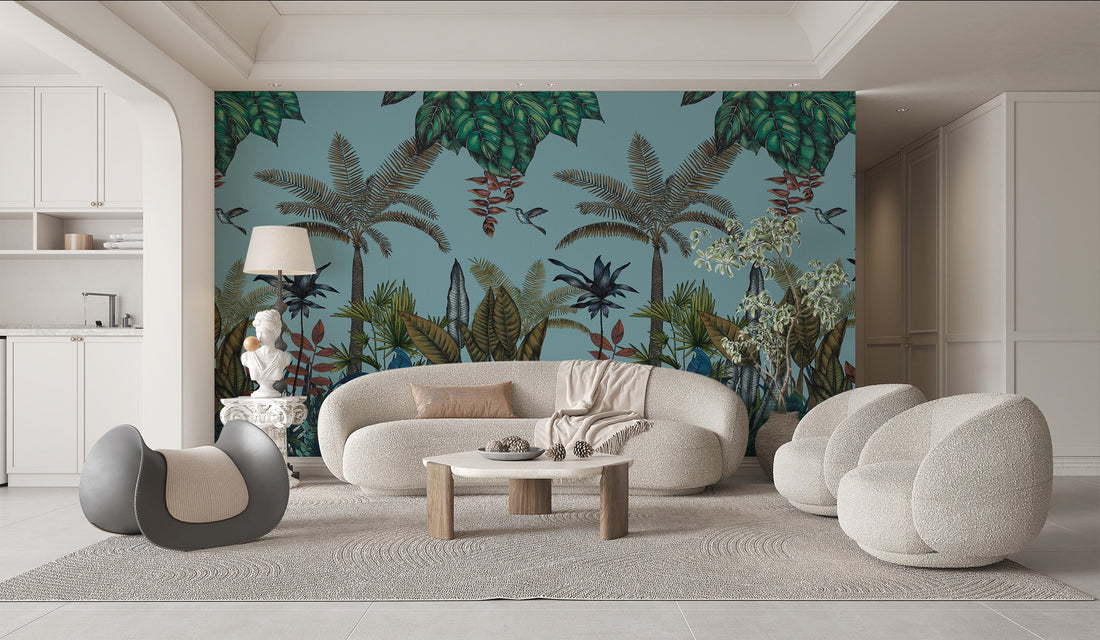 Black And White Wallpaper, Tropical Jungle Peel And Stick Mural, Botanical Decor, Wild Forest Wallpaper, Blue Wall Decor, Trees Wallpaper