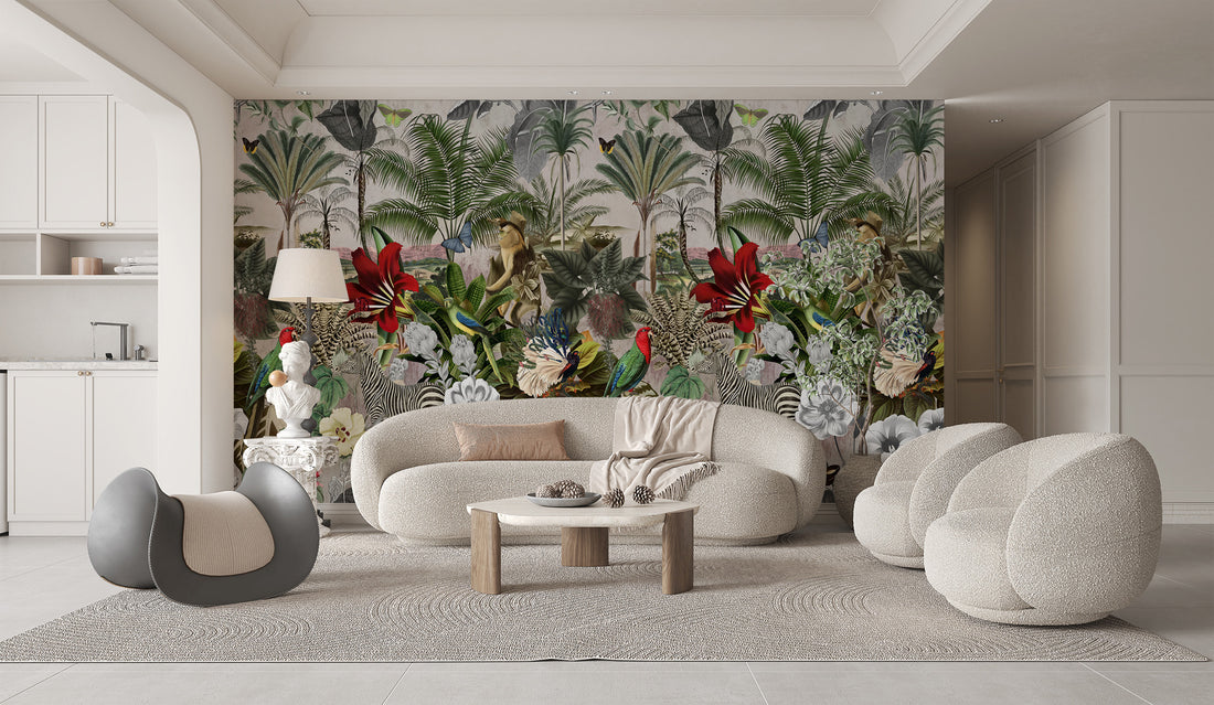 Floral Wall Art, Room Decoration, Animal Wallpaper, Jungle Theme Mural, Green Theme, Forest Wall Mural, Fabric Or Non-Waven, Tree Wallpaper