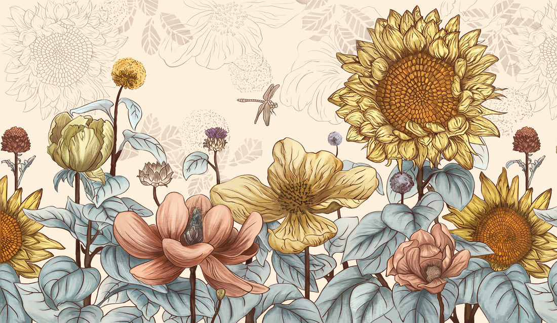 Floral Peel and Stick Wallpaper, Romantic Sunflower & Lotus Wall Decor, Warm Yellow & Pink Botanical Wallpaper, Self Adhesive Wallpaper for Living Room, Bedroom Design Ideas